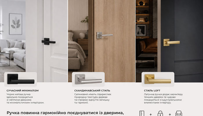 Ручка повинна гармонійно поєднуватися із дверима, замком та загальним стилем інтер'єру.