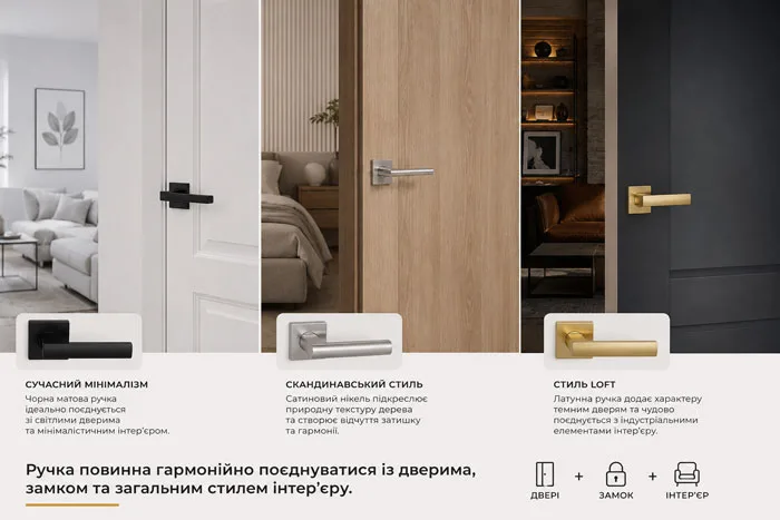Ручка повинна гармонійно поєднуватися із дверима, замком та загальним стилем інтер'єру.
